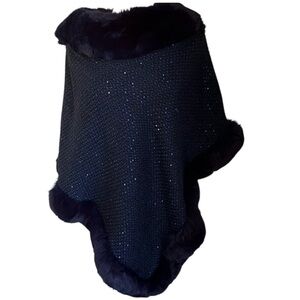 NWT Blue & Black knitted pull over poncho w/blue sequins & Blue fur one size